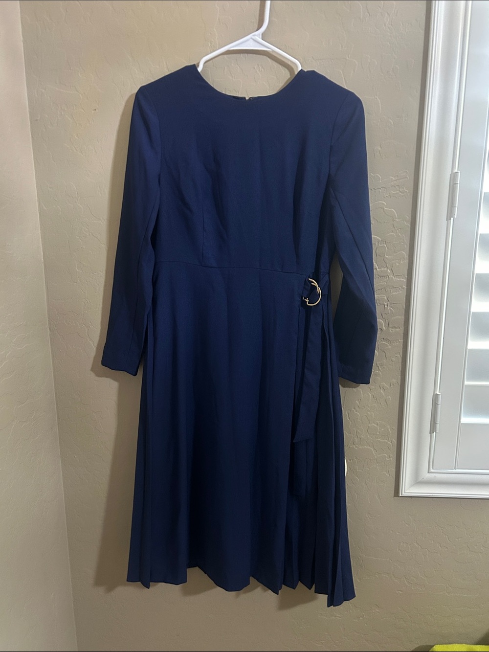 Ann Taylor Navy Long-Sleeve Midi Dress with D-Ring Tie